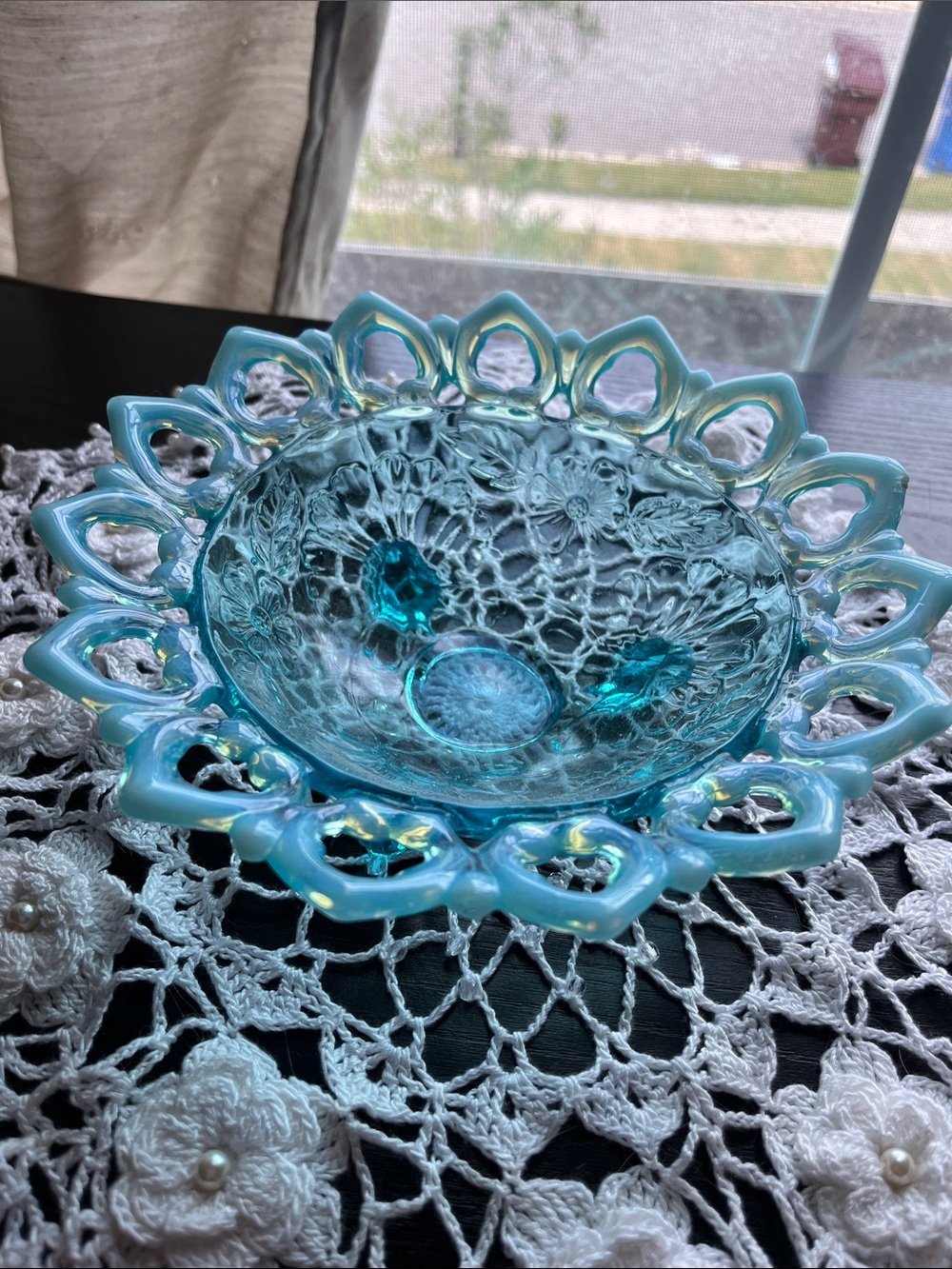 Iridescent Aqua Openwork Glass Bowl - Home Art
